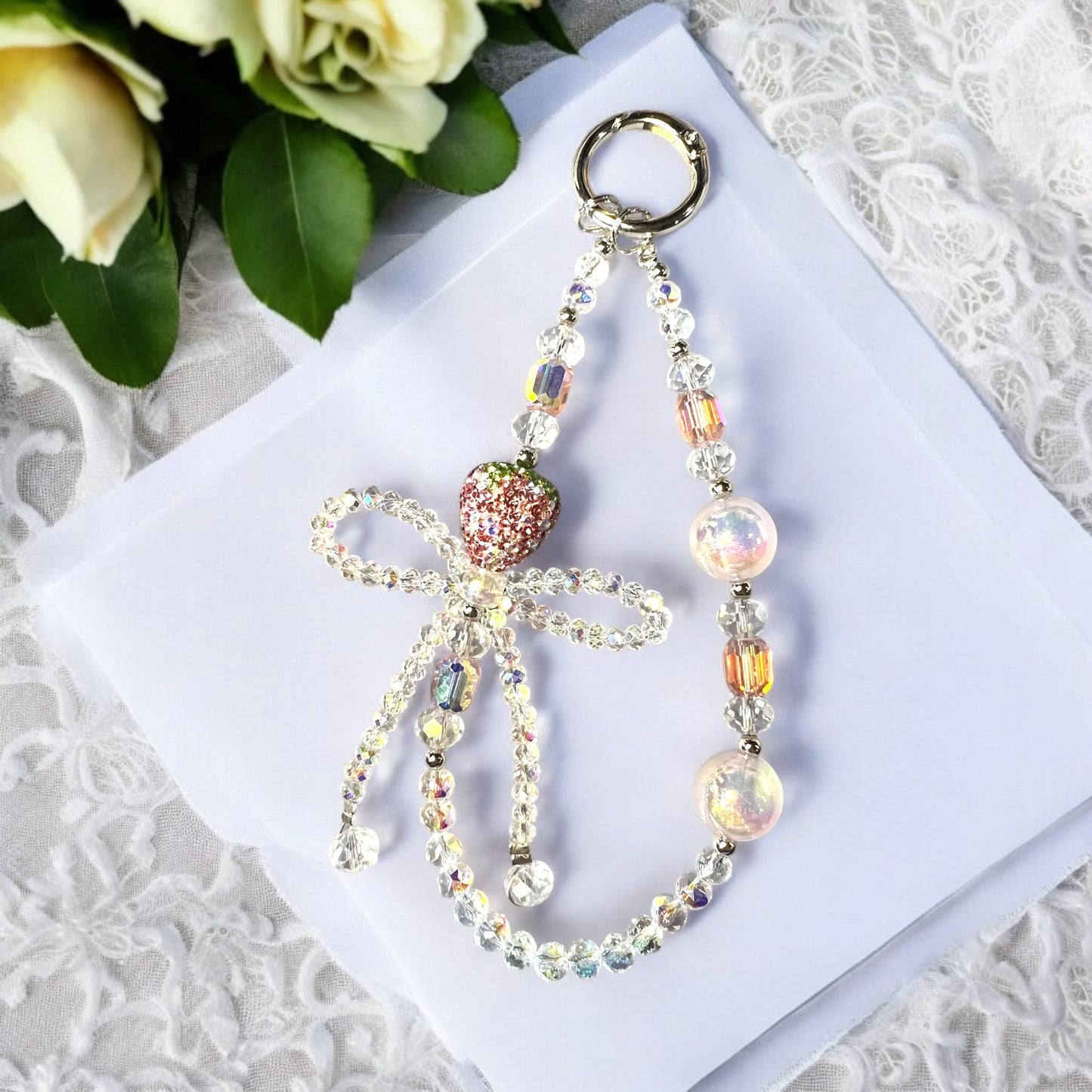 Handmade Strawberry Phone Chain-Acrylic, Metal & Glass Beads with Resin