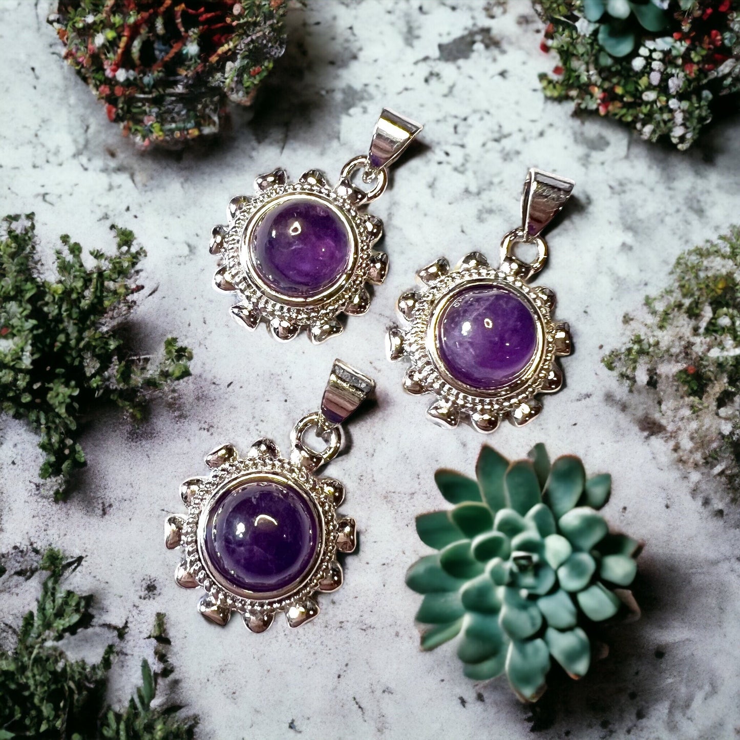 Small Flower, White copper with Amethyst Crystal Pendants