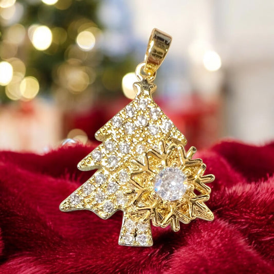 Christmas Tree with Spinning Snowflake Gold Zircon Pendant