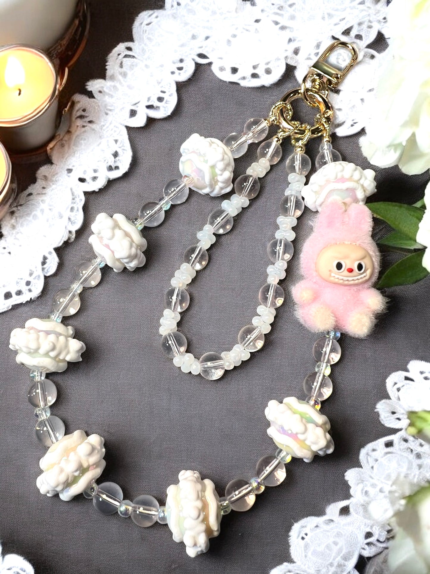 Handmade Phone Chain- Acrylic, Glass, and Metal with Collectible Character Charm