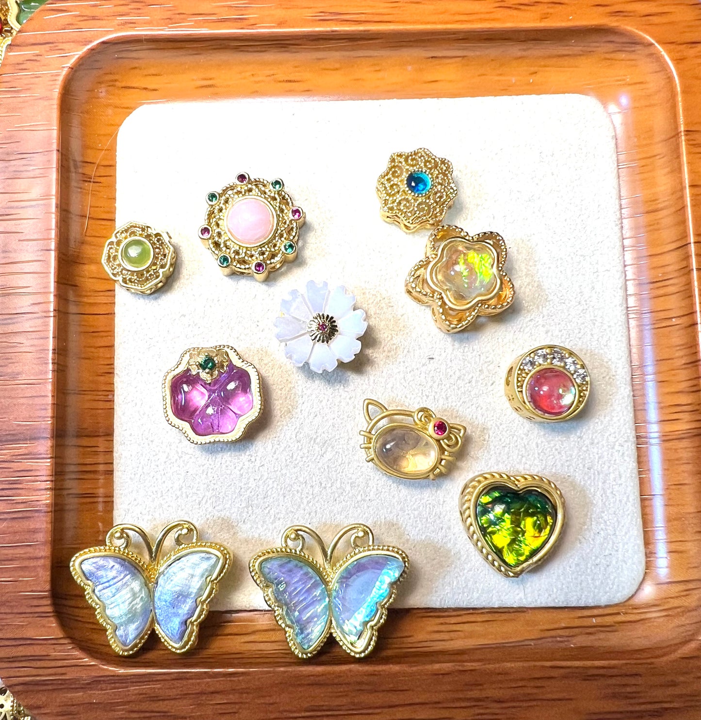 Southern Golden Beauty 4 Hole Metal Alloy Beads Mix - Lot of 10 Stunning Charms, Mixed in Various Colors with some Natural Crystal Rose Quartz, and Durable Glass