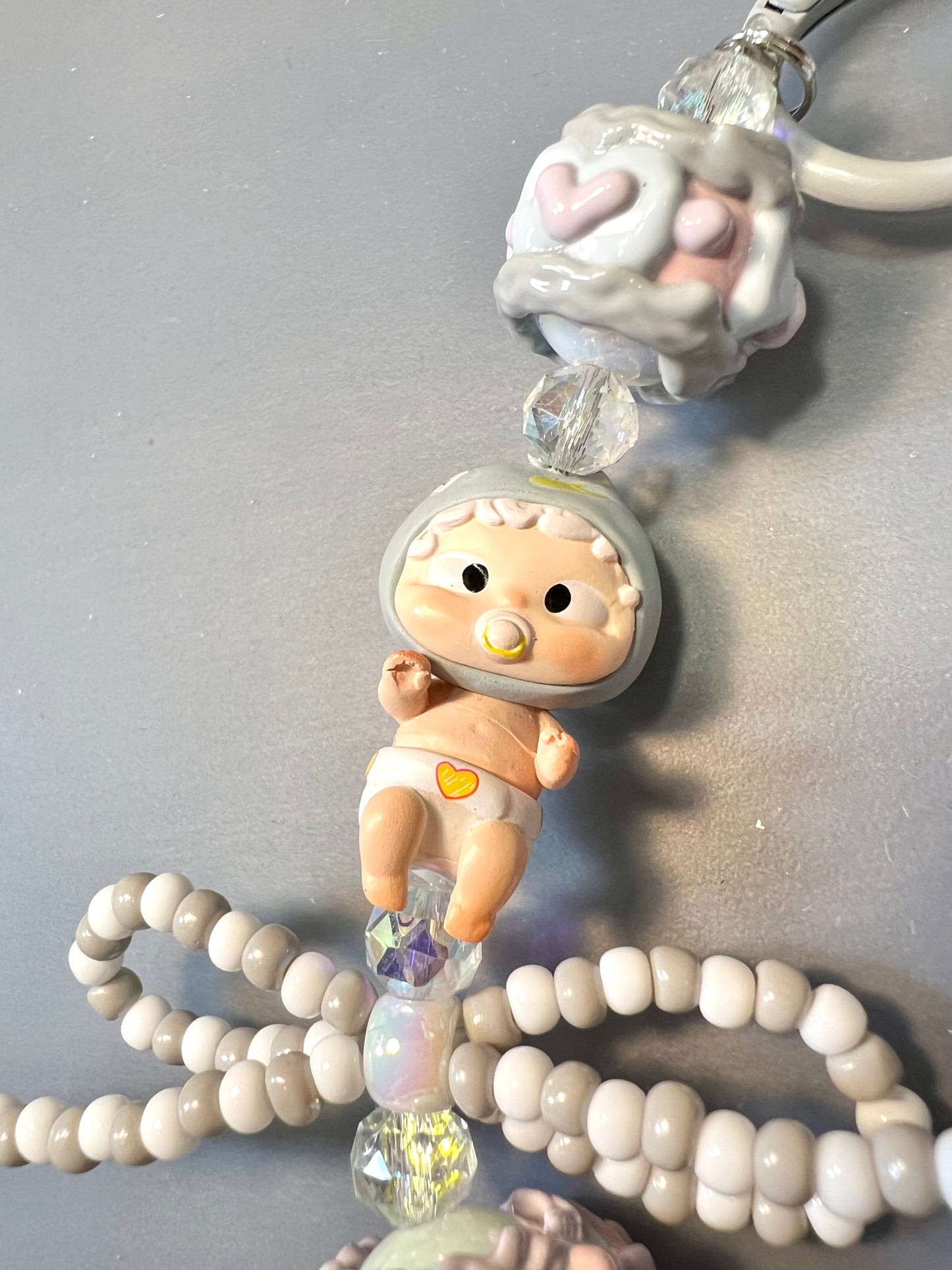 Handmade Phone Chain-Acrylic, Glass, and Metal with Collectible Character Charm