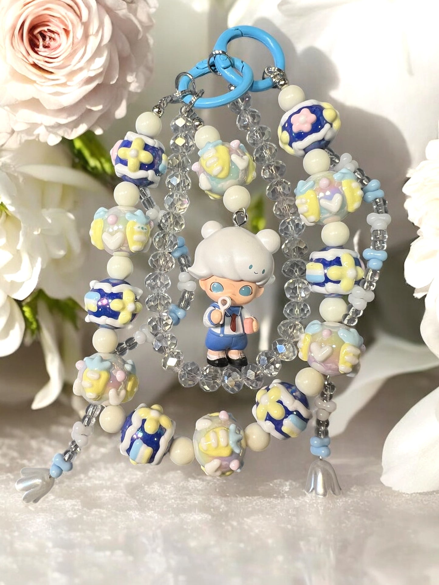 Handmade Phone Chain- Acrylic, Glass, and Metal with Collectible Character Charm