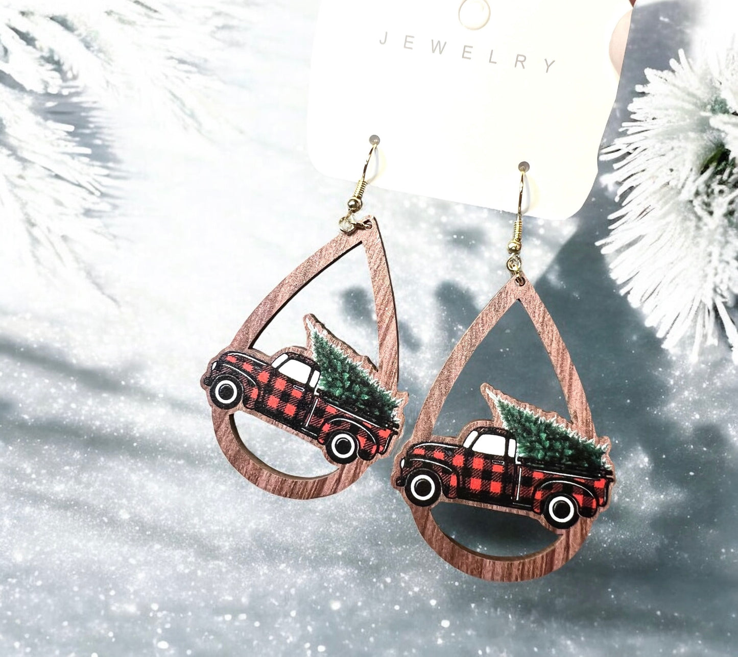 Christmas “Car with Tree” wooden Earrings