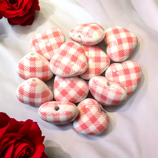 Gingham Design Acrylic Heart Beads Larger(Lot of 5)| DIY| Hobbies| Crafts| Craft Items| Beading