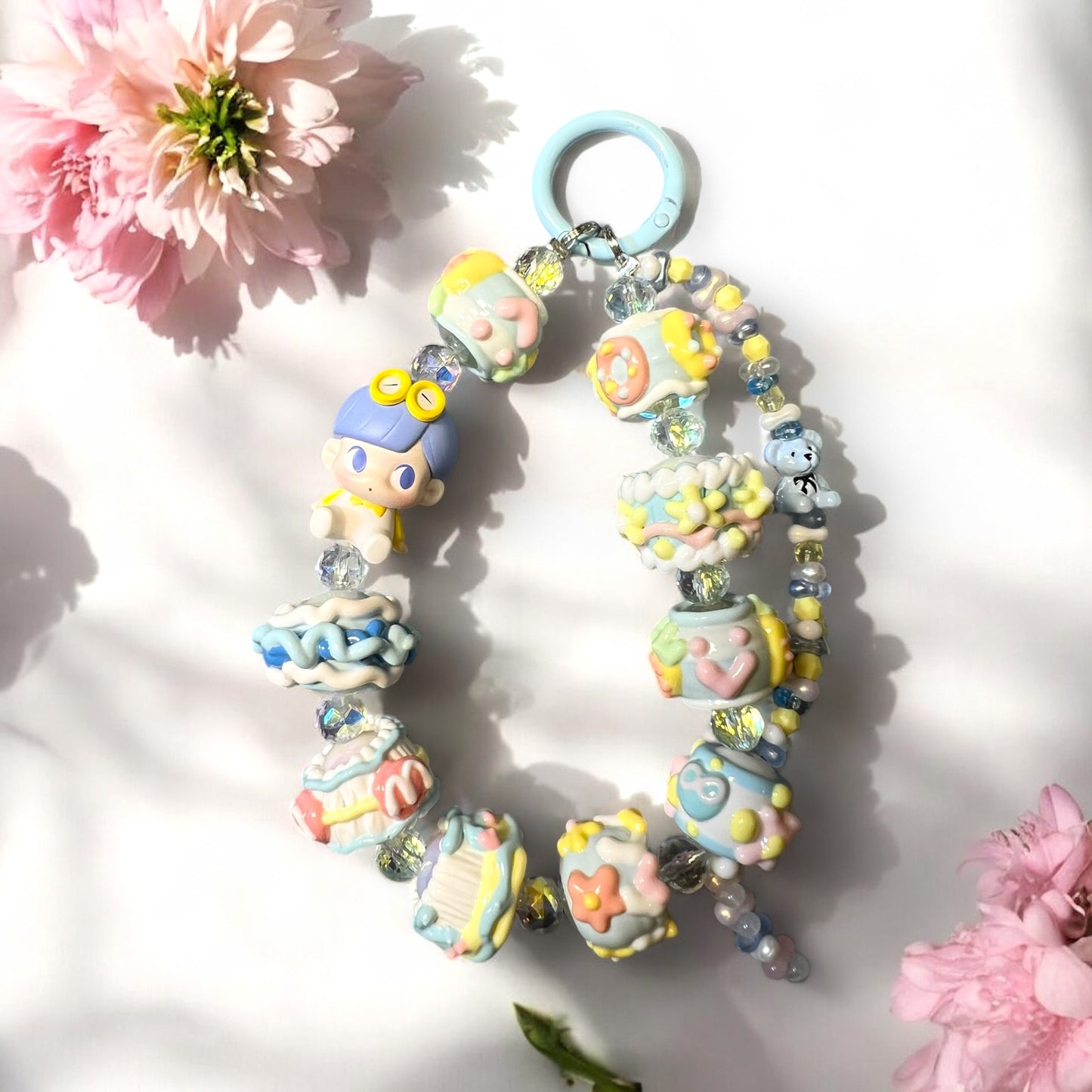 Handmade Phone Chain-Acrylic, Glass, and Metal with Collectible Character Charm