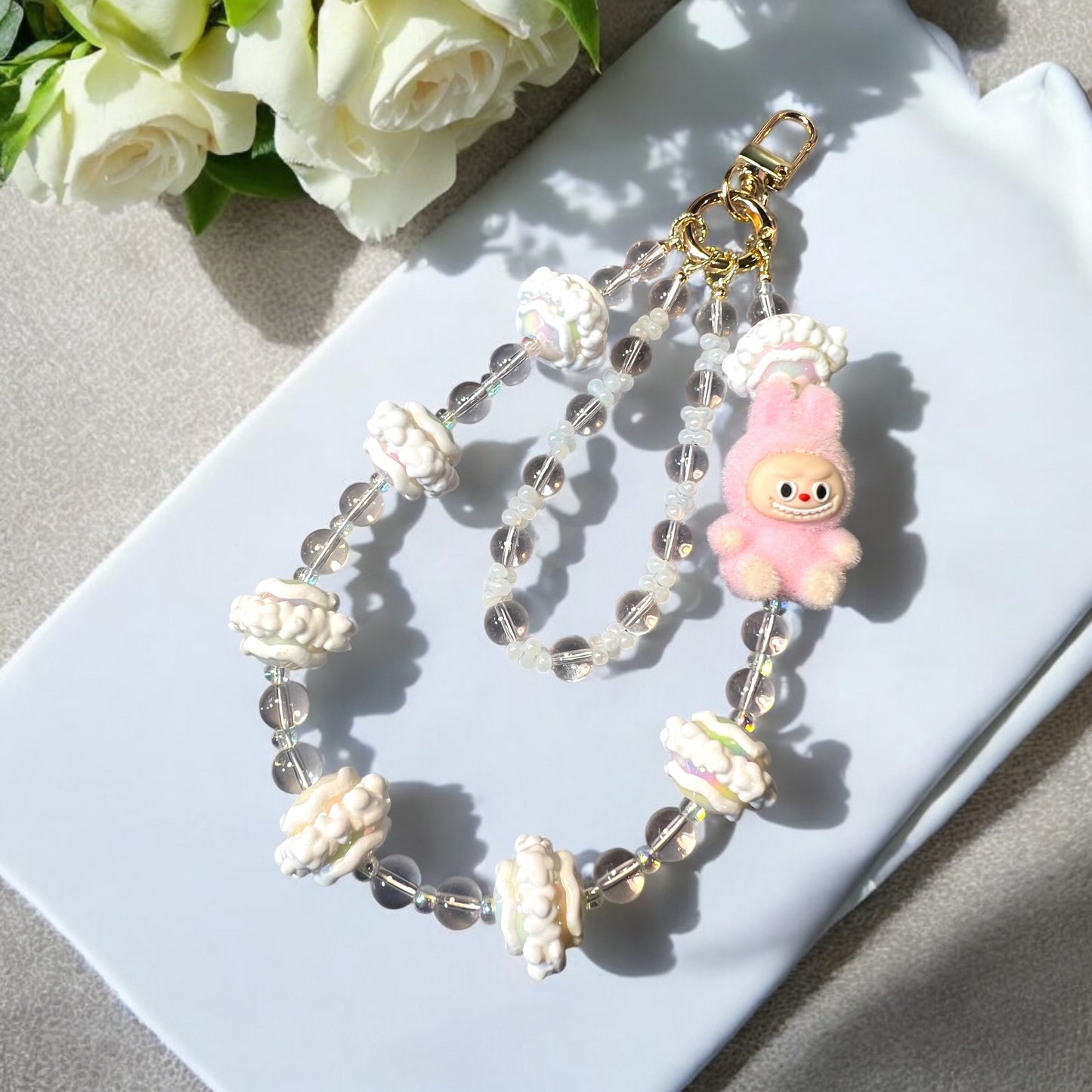 Handmade Phone Chain- Acrylic, Glass, and Metal with Collectible Character Charm