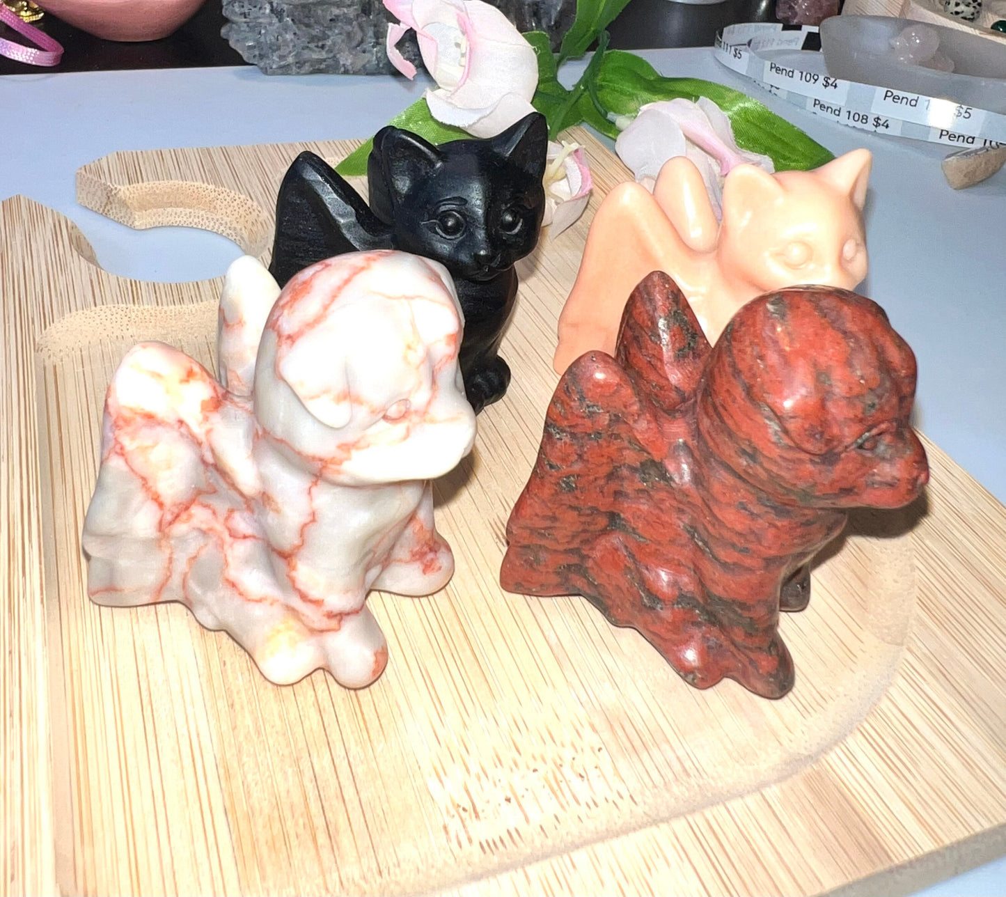 Angel Cat and Dogs Large Natural Stone carvings