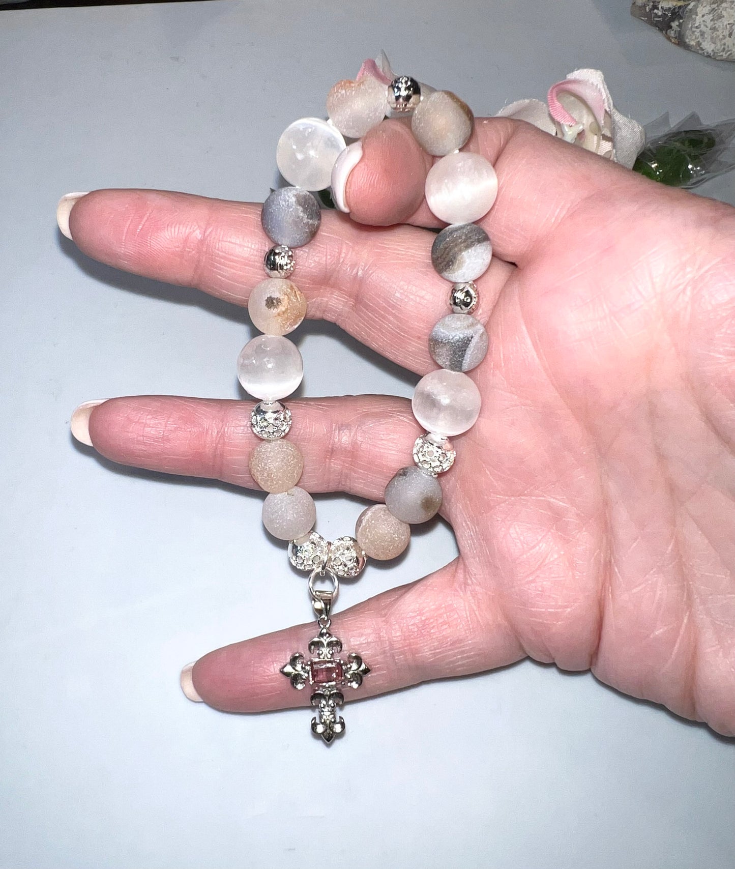 10mm Druzy Agate and Selenite Bracelet