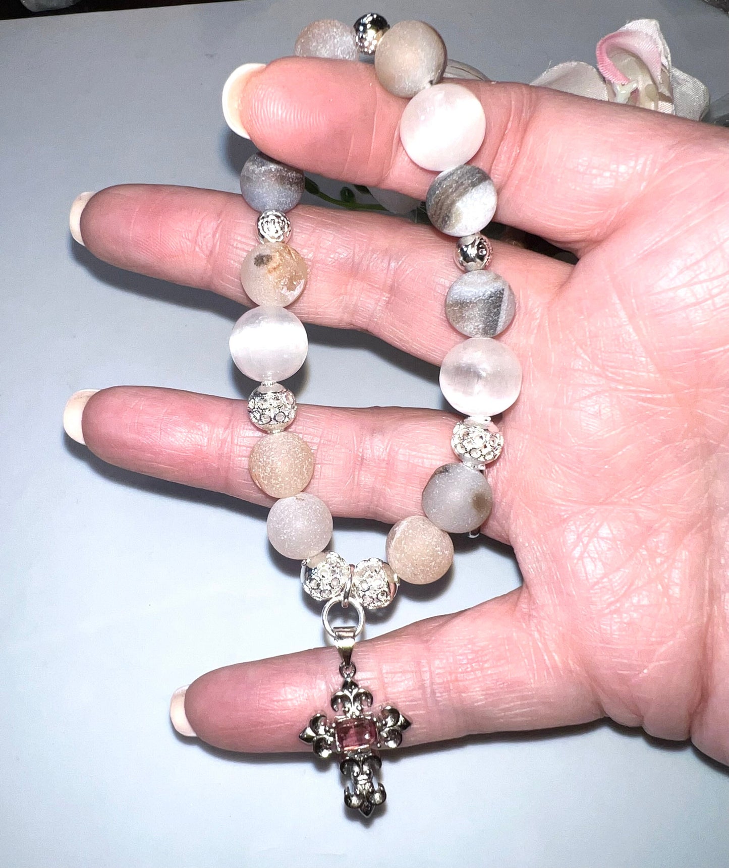 10mm Druzy Agate and Selenite Bracelet