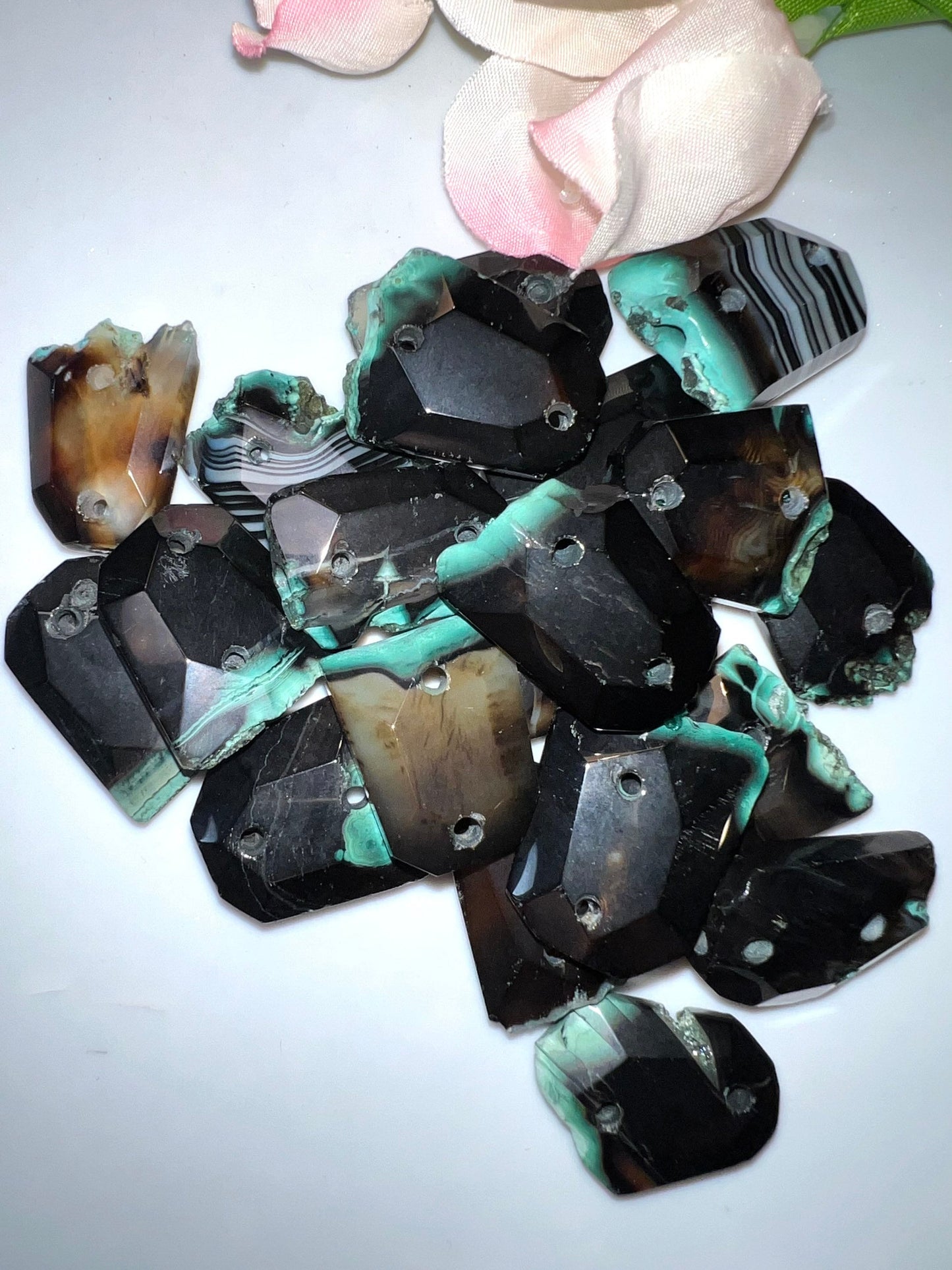 Agate Black Slices, infused with Green, with Drilled holes