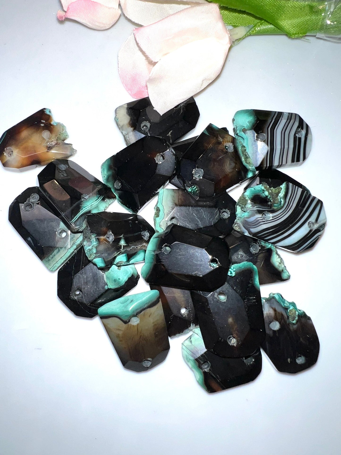 Agate Black Slices, infused with Green, with Drilled holes