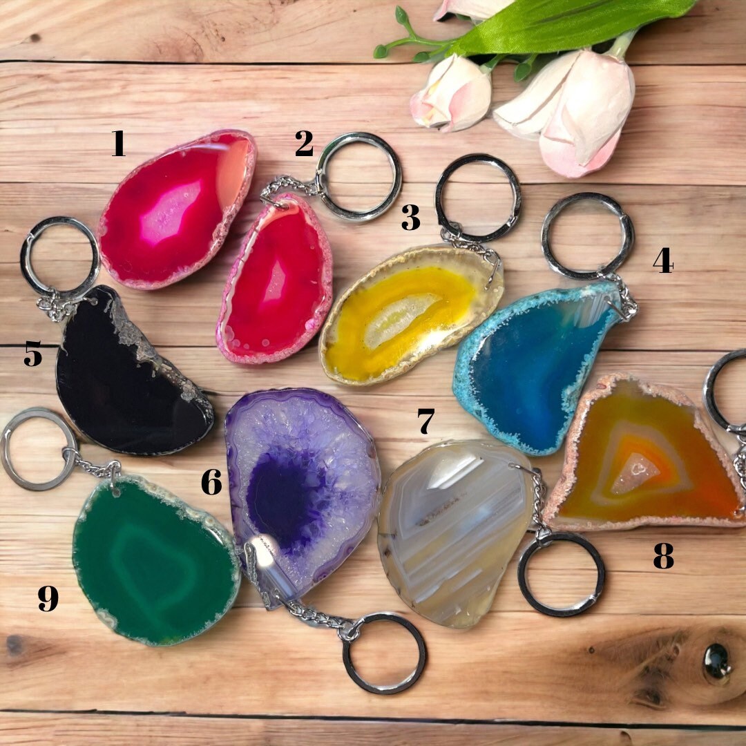 Agate Slice Keychains (Dyed color) Natural Crystal