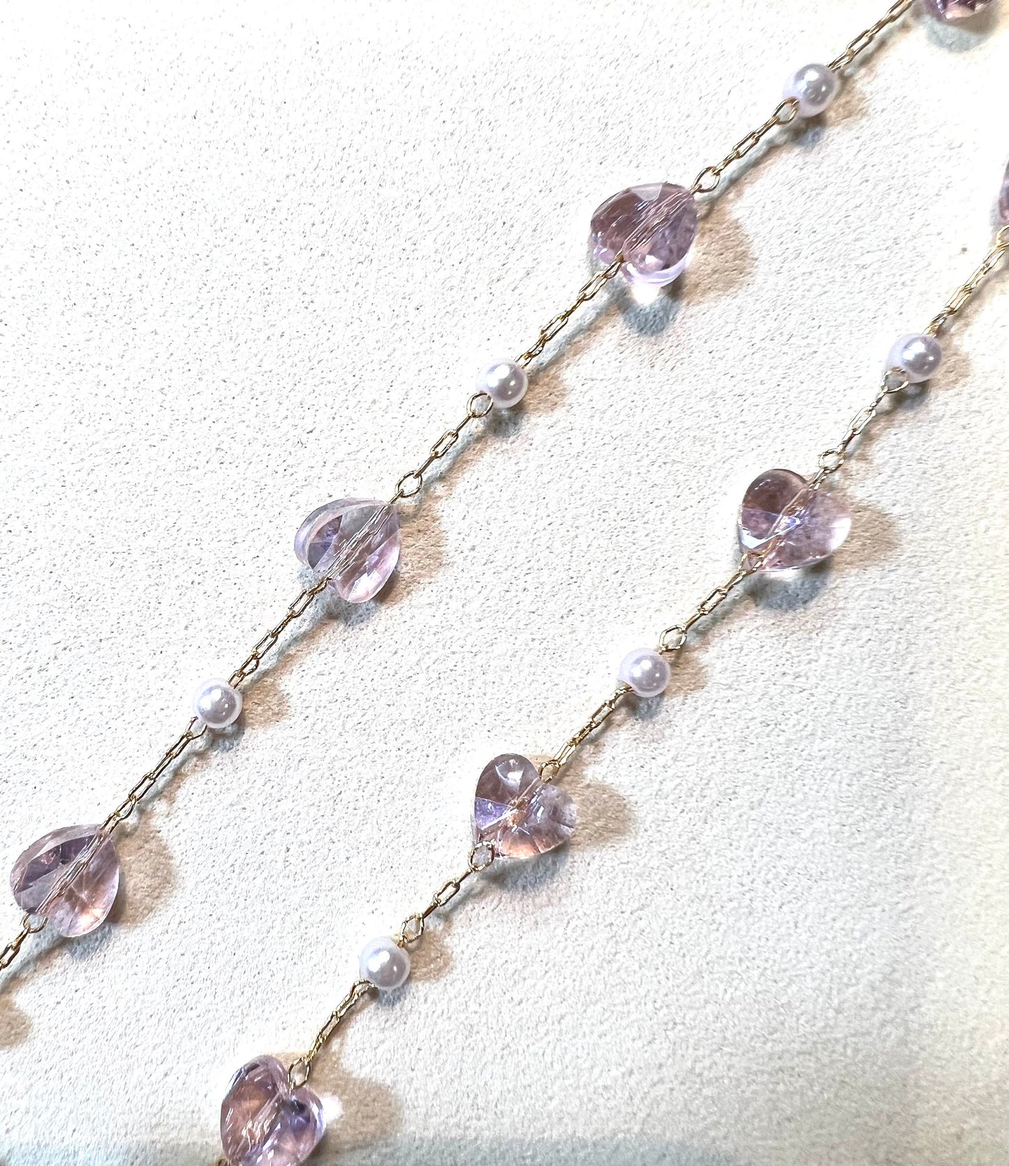 Pink Glass Crystal Hearts with Pearl on Dainty Gold Chain