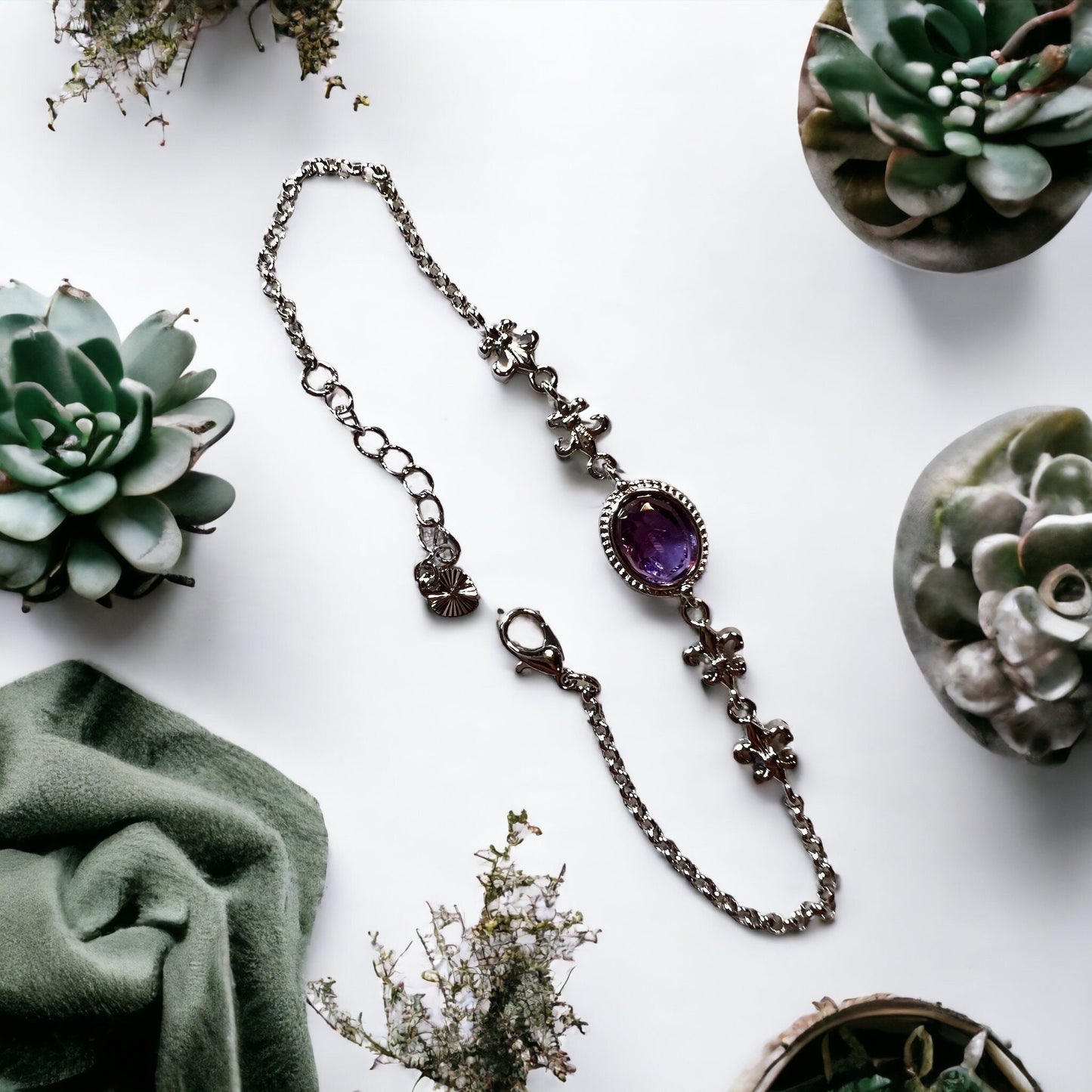 Amethyst Crystal Bracelet with Fleur de lis