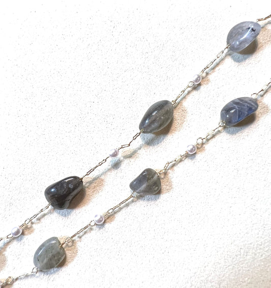 Labradorite Natural Crystal with Pearl on Dainty Gold Chain