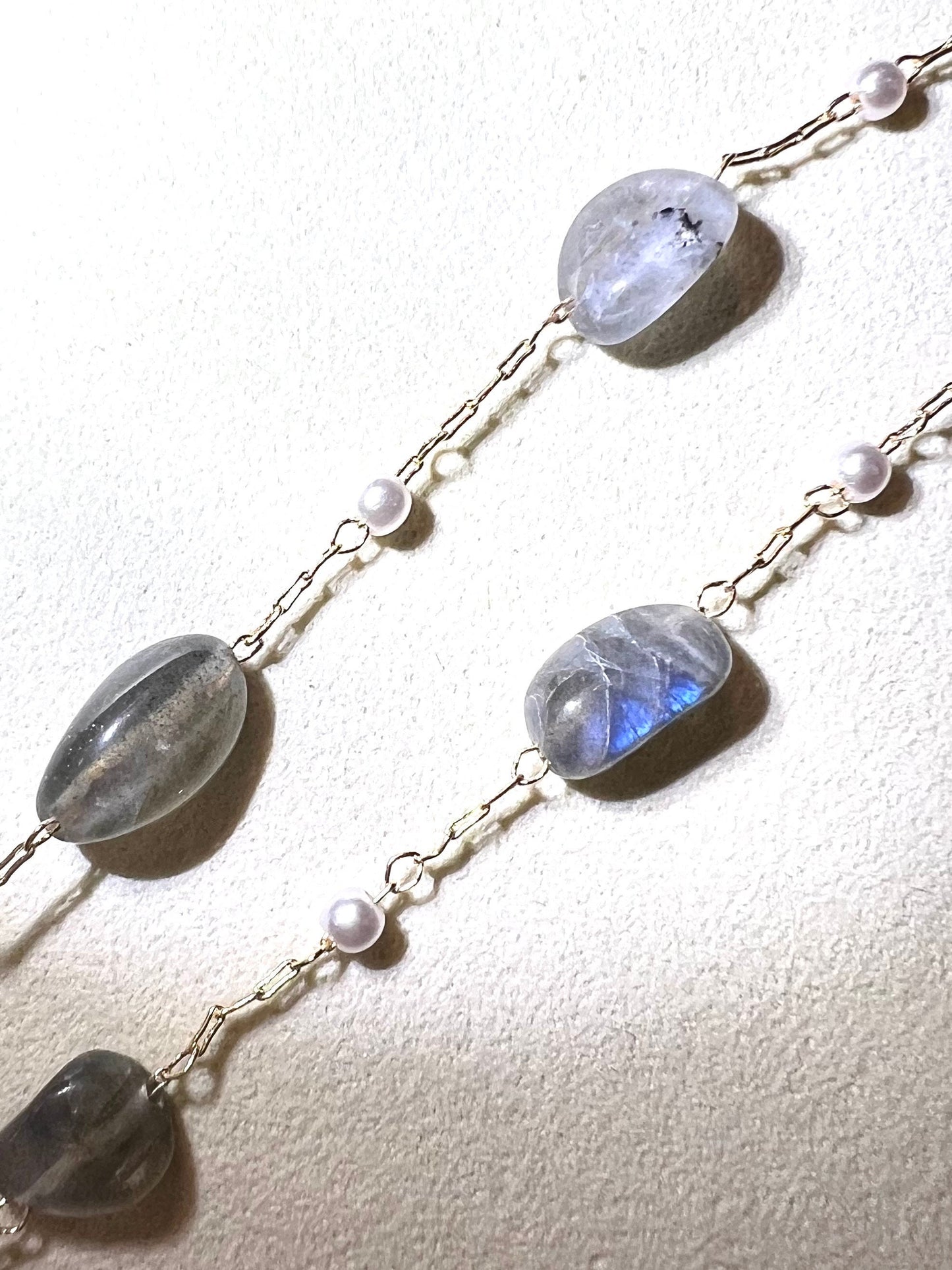 Labradorite Natural Crystal with Pearl on Dainty Gold Chain