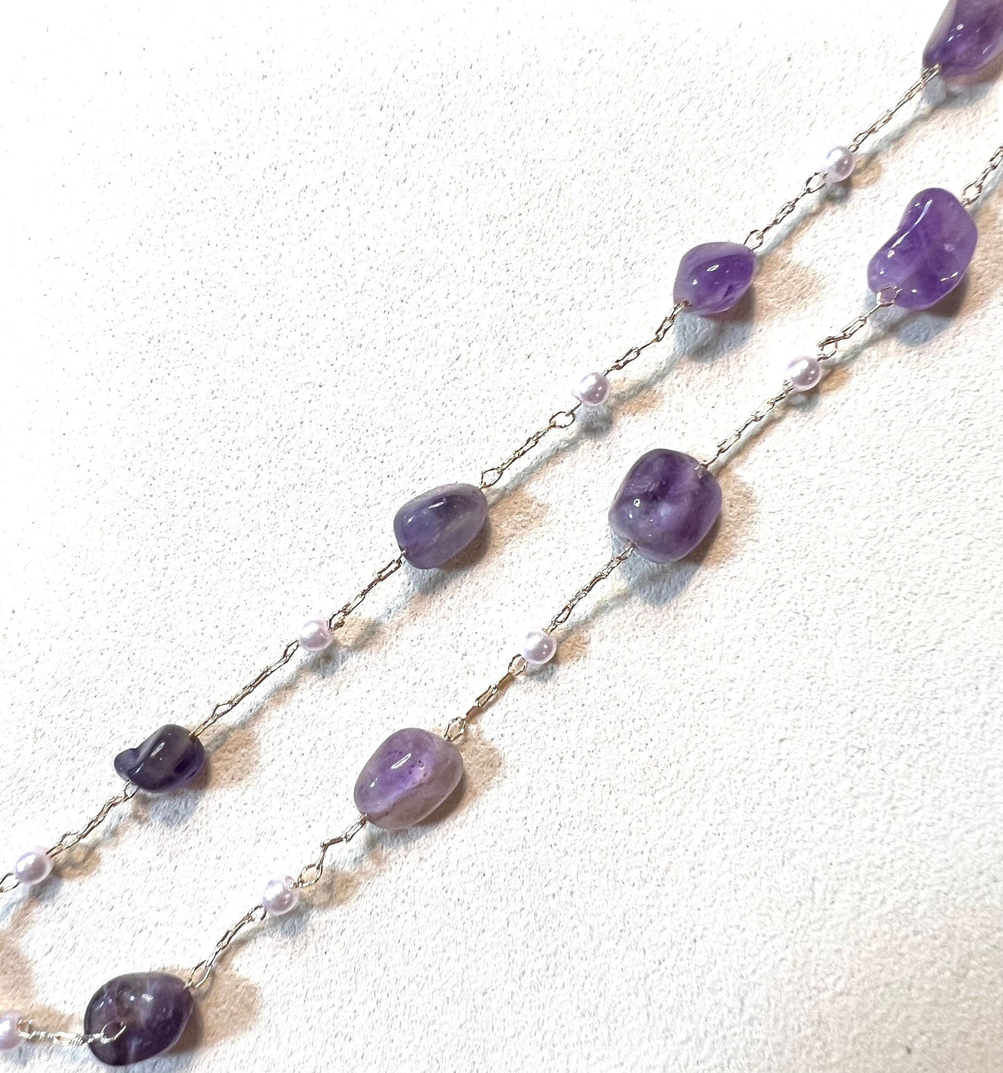 Amethyst Natural Crystal with Pearl on Dainty Gold Chain