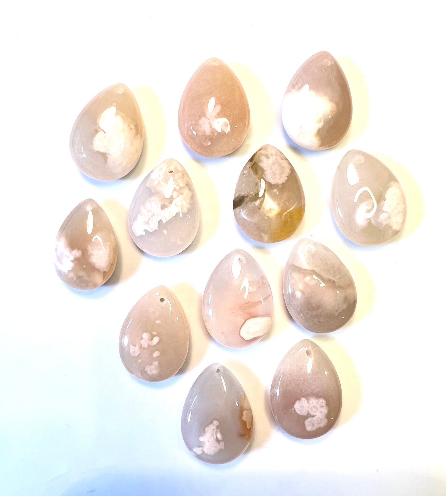 Flower Agate Teardrops, with Drilled holes