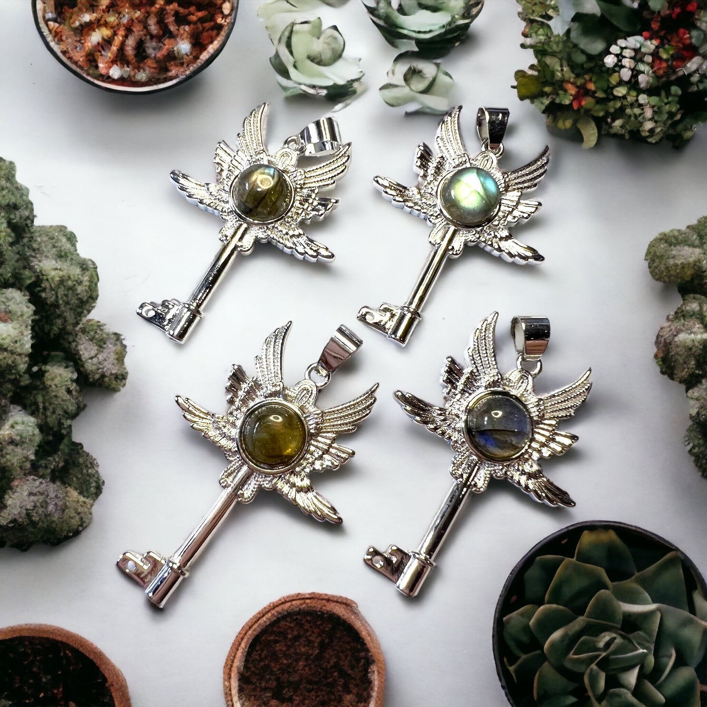 Angel wing Key, White copper with Labradorite Crystal Pendants