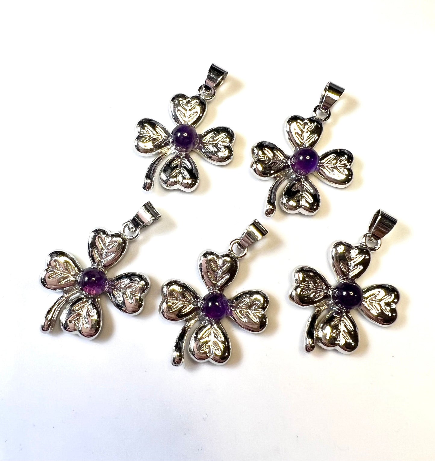 Four Leaf Clover, White copper with Amethyst Crystal Pendants