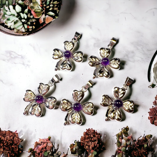 Four Leaf Clover, White copper with Amethyst Crystal Pendants