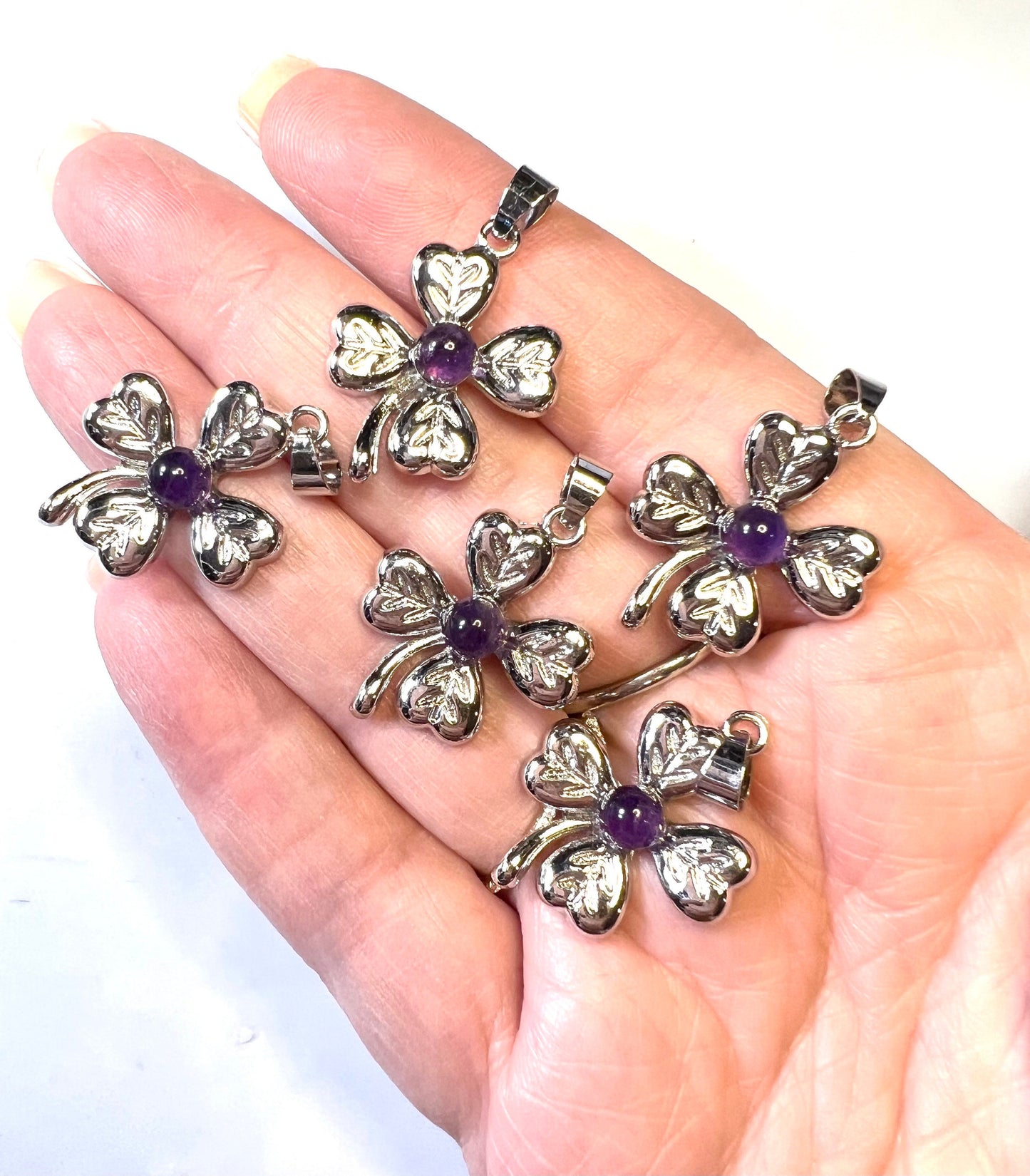 Four Leaf Clover, White copper with Amethyst Crystal Pendants