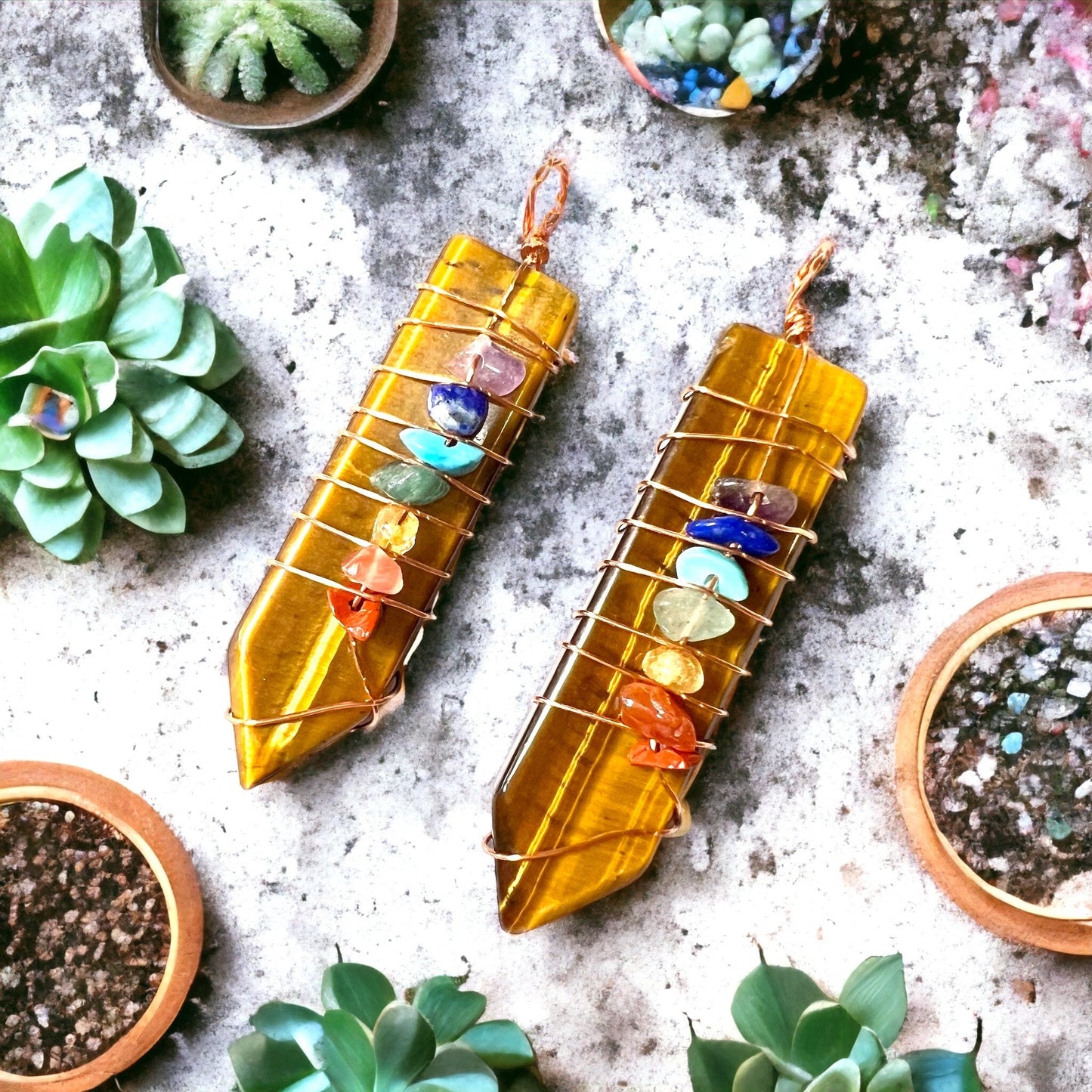 Tigers Eye Chakra Wire wrapped Natural Stone Pendants