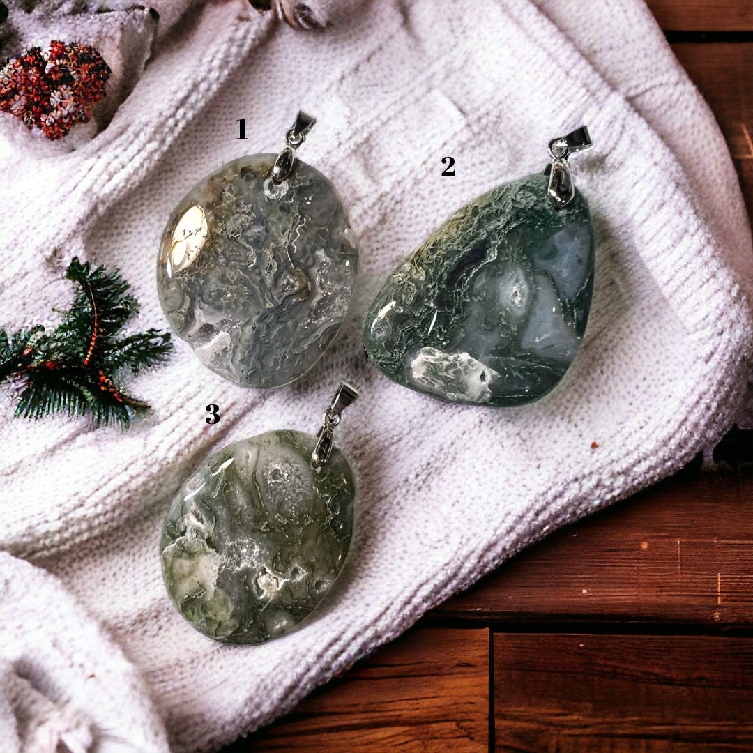 Moss Agate Large Natural Crystal Pendants